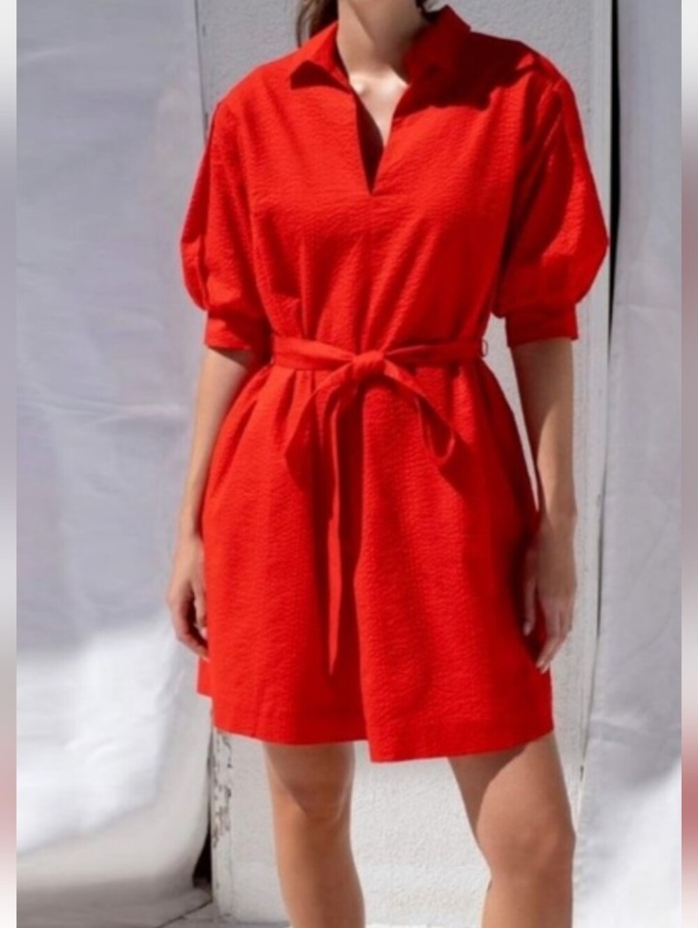 AYR Solstice collared seersucker puff sleeve Shift Relaxed Fit Red dress Large